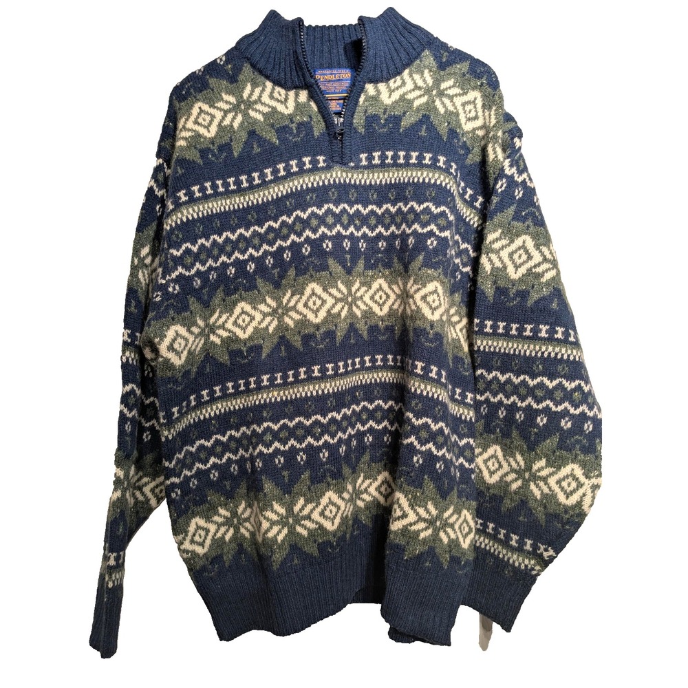 Pendleton Sweater Mens M Blue Quarter Zip Shetland Wool Fair Isle Nordic EUC